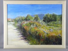 MAVIS GWILLIAM acrylic on board - Grecian country lane with wild flowers, signed and titled '