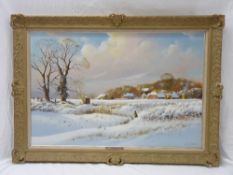 PETER COSSLETT oil on canvas - fine snow scene with farmstead and church, signed in full, 50 x 75