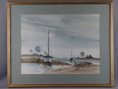 JOHN HUGHES ROBERTS watercolour - Anglesey coastal scene with beached boats, signed and titled '