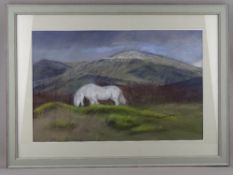 JANE MOULES JONES pastel - Welsh pony at Penlon, Newborough with Snowdonia in the background,
