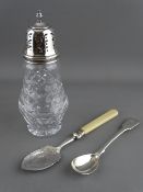 A SILVER TOPPED GLASS SUGAR SIFTER, a chased decorated jam spoon and a single teaspoon, Birmingham