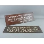 TWO BRONZE WALL PLAQUES advertising Thomas Partington Stock & Share Brokers, 28.5 cms long