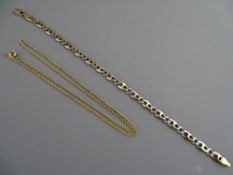 A NINE CARAT GOLD TWO COLOUR BRACELET (clasp defective), 7.8 grms and a nine carat gold fine link