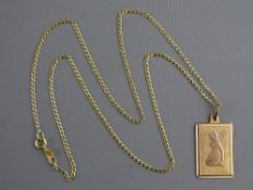 A NINE CARAT GOLD FINE LINK CHAIN with oblong maiden girl pendant, 3.4 grms total