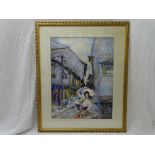 DAVID WOODLOCK watercolour - fine depiction of a flower lady in an old cobbled street of wood framed