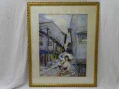 DAVID WOODLOCK watercolour - fine depiction of a flower lady in an old cobbled street of wood framed
