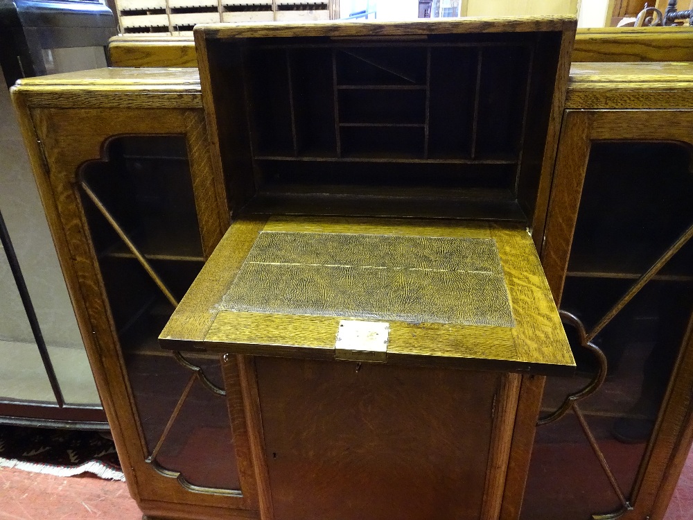 AN ART DECO LIGHT OAK SIDE BY SIDE BOOKCASE BUREAU, 112 cms high, 120 cms wide, 30 cms deep maximum - Image 2 of 3