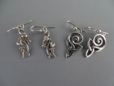 A PAIR OF 925 SILVER & CYMRU GOLD FLORAL EARRINGS, 3.2 grms and a pair of 925 silver Celtic style