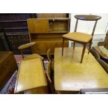 A VINTAGE TEAK EFFECT DINING ROOM SUITE of sideboard, table, six chairs and two tier trolley,