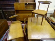 A VINTAGE TEAK EFFECT DINING ROOM SUITE of sideboard, table, six chairs and two tier trolley,