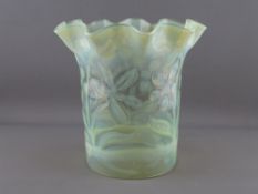 AN ART NOUVEAU VASELINE GLASS OIL LAMPSHADE with frilly edge rim, 21 cms high