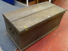 A VICTORIAN PINE LIDDED BLANKET BOX with interior candle box and drawer and iron carry handles, 43