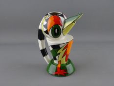 A LORNA BAILEY COLOURFUL STYLIZED WOODPECKER JUG, 18 cms high, signed to the base