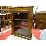 A VICTORIAN INLAID WALNUT SINGLE DOOR SIDE CABINET with metal mounts and velvet lined interior, 96.5