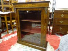 A VICTORIAN INLAID WALNUT SINGLE DOOR SIDE CABINET with metal mounts and velvet lined interior, 96.5