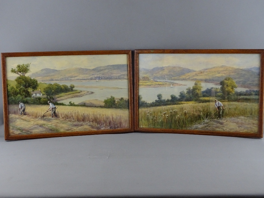WARREN WILLIAMS ARCA watercolours, a pair - farmers harvesting at bends in the River Conwy, near