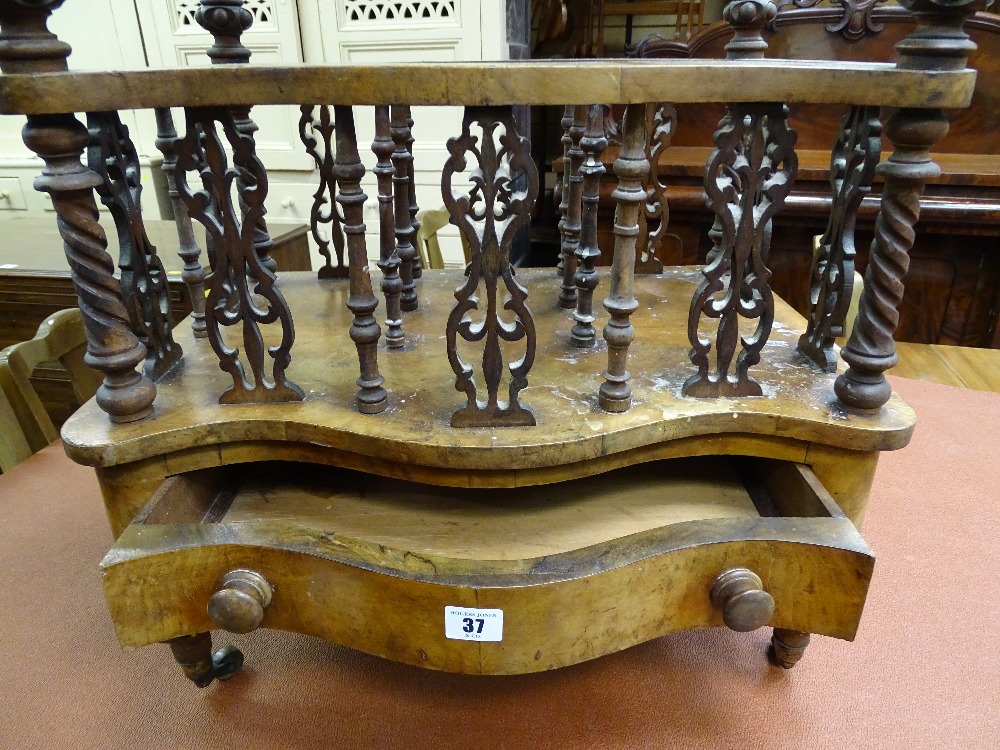 A WALNUT CANTERBURY WHATNOT having a shaped upper shelf with bobbin and carved gallery etc and - Image 2 of 3