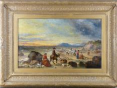 WILLIAM SHAYER oil on canvas - busy coastal scene with numerous figures and donkeys etc, signed,