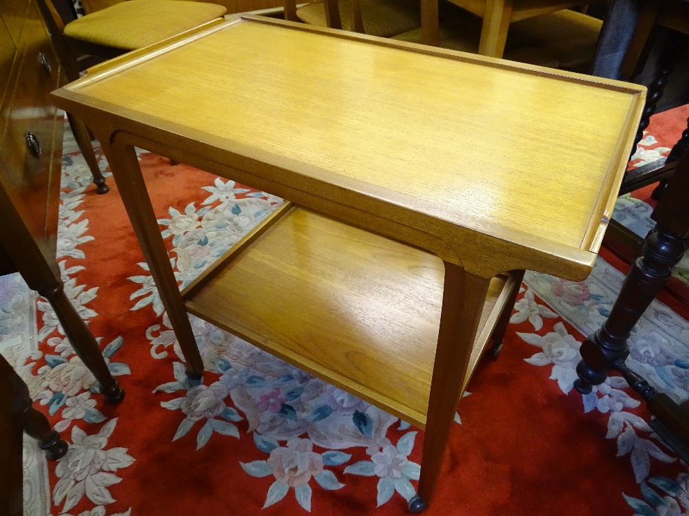 A VINTAGE TEAK EFFECT DINING ROOM SUITE of sideboard, table, six chairs and two tier trolley, - Image 2 of 5