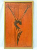 R FRANCOW oil on board - dancing female figure on a red background, signed and dated 1969, 64 x 38