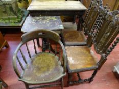 A TWO TIER PINE WORKSTAND, 85.5 cms high, 98 cms wide, 46 cms deep, a vintage side table on tripod