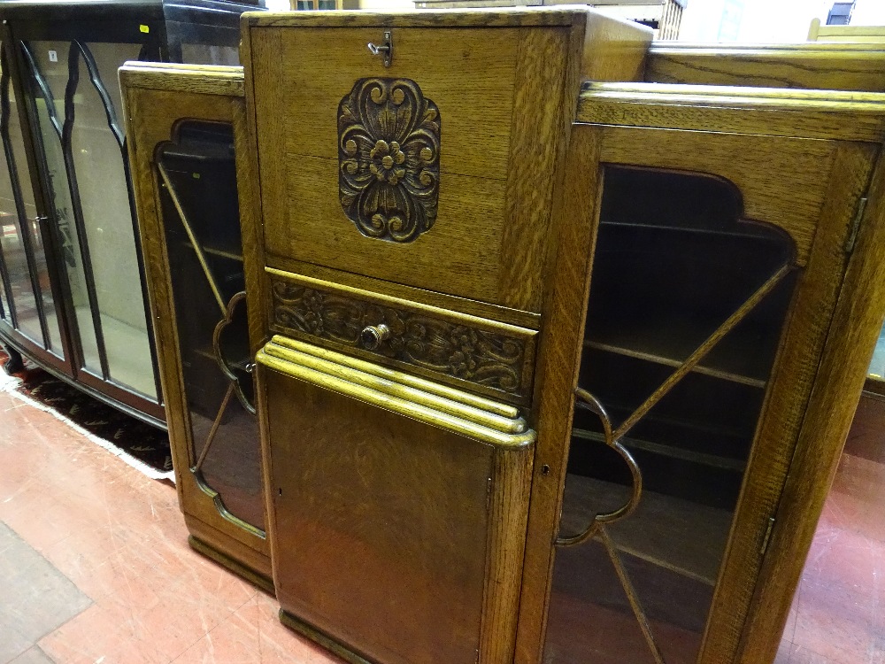 AN ART DECO LIGHT OAK SIDE BY SIDE BOOKCASE BUREAU, 112 cms high, 120 cms wide, 30 cms deep maximum