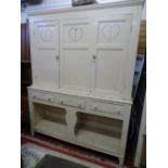 AN INTERESTING CREAM PAINTED PINE HOUSEKEEPER'S CUPBOARD, the upper section having two panelled