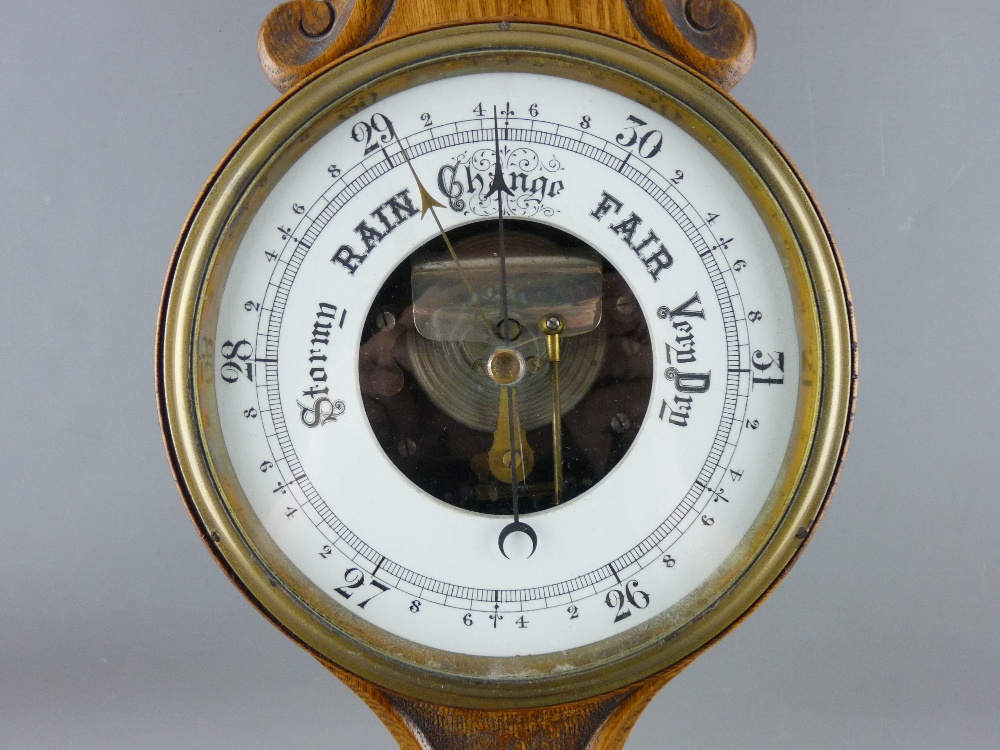 A CARVED OAK BANJO WALL BAROMETER with thermometer, 82 cms long - Image 3 of 4