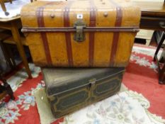 TWO VINTAGE PAINTED TIN TRUNKS, one marked 'J W L', 71 cms wide the largest