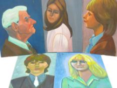 JOHN CHERRINGTON five portraits on board, unframed - sizes from 45 x 35 cms to 50 x 40 cms