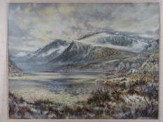 MOSS WILLIAMS fine watercolour - Llyn Padarn with Snowdon under early morning cloud and snow, signed