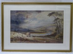 DAVID COX watercolour - threatening sky over an expansive landscape and winding river showing