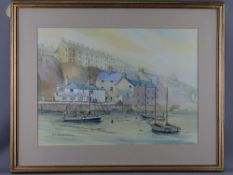 JOHN HUGHES ROBERTS watercolour - harbour scene Porthmadog with houses and boats, signed, 34 x 48