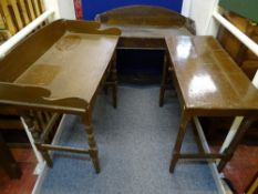 TWO VICTORIAN PINE WASHSTANDS with splashbacks and a single drawer rectangular top side table,