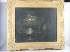 19th CENTURY SCHOOL oil on canvas - figures by a watermill at moonlight, unsigned, 49 x 59 cms