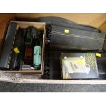 A box containing large collection of Scalextric & Hornby railway equipment including track,