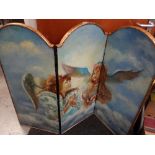 A wooden & gilt triple sectioned short screen with painted decoration of young girls as angels