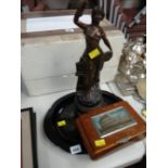 A spelter classical figure together with a small metal tray & a wooden trinket box of Rome with