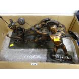Two bronze effect figures including a chariot & rider together with a gladiator, all on marble
