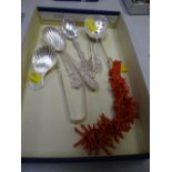 A natural pink coral necklace & a small parcel of flatware