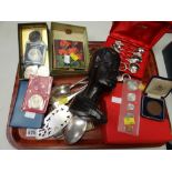 A parcel of mixed items including flatware, coinage, carved African bust etc