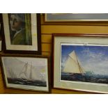 Two framed marine prints & a pastel portrait