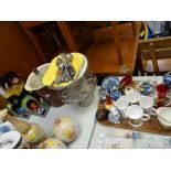 A quantity of china, glass cake stand, bread crock, toy monkey etc