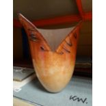 A Nick Orsler contemporary art glass tulip-form vase in cloudy amber with applied drizzle effect,