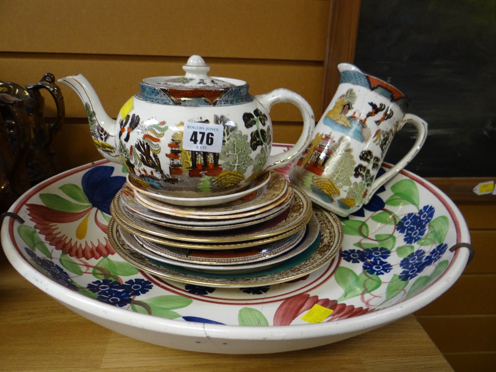 Staffordshire pottery teapot & milk jug together with a large charger (damage) & a selection of
