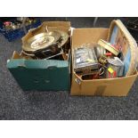 Two boxes of mainly metalware & glass, brass wall plates, vintage tins etc