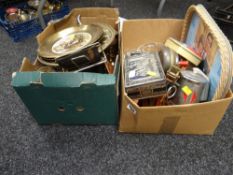 Two boxes of mainly metalware & glass, brass wall plates, vintage tins etc