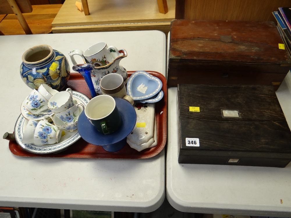 Two antique boxes (distressed) & a box of china teaware & pottery etc