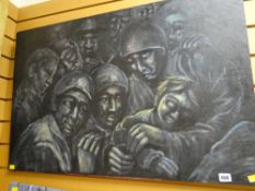 An acrylic on canvas of coal mining scene with miners huddling together