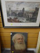 An historical Cardiff Castle etching & an oil on canvas of a bearded gentleman